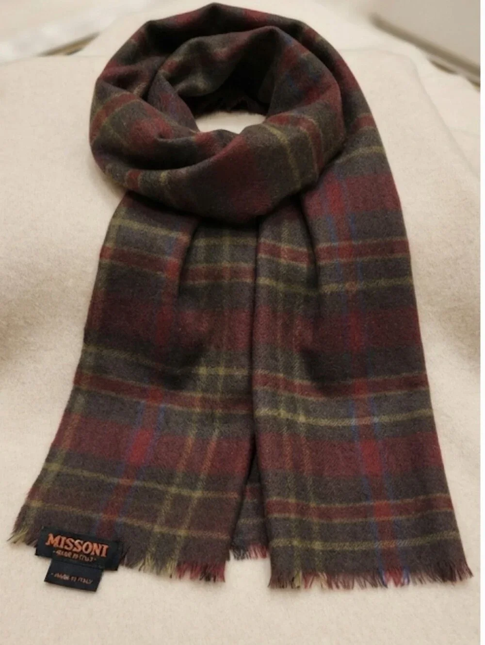 MISSONI Scarf Brown Red Check Wool Cashmere And Silk Blend ONE SIZE